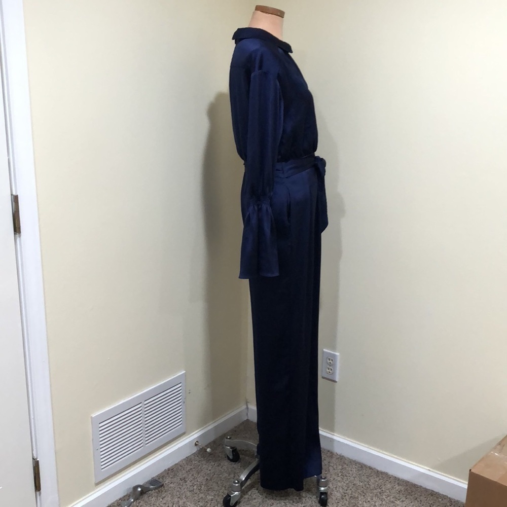 Three Floor Brigitte Jumpsuit Size US 6 Small Navy Blue Satin Ruffle Bell Sleeve - Picture 4 of 11